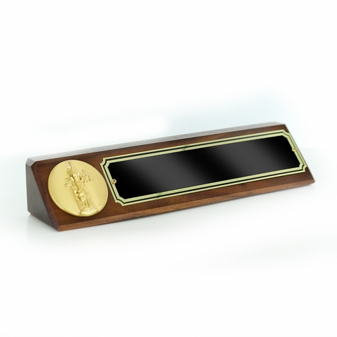 10-1/2" x 3" JUDICIAL GENUINE WALNUT DESK BLOCK WITH 2" ETCHED ENAMEL MEDALLION SCREENED BLACK NAME PLATE