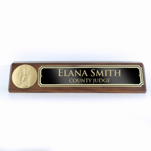 10-1/2" x 3" JUDICIAL GENUINE WALNUT DESK BLOCK WITH 2" ETCHED ENAMEL MEDALLION SCREENED BLACK NAME PLATE