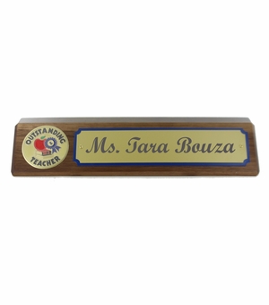 10-1/2" x 3" OUTSTANDING TEACHER GENUINE WALNUT DESK BLACK WITH GOLD ALUMINUM NAME PLATE