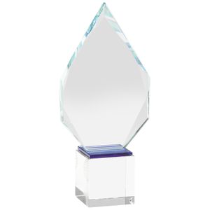 10-1/2 x 4-3/4 INCH OPTICAL CRYSTAL ARROW HEAD AWARD WITH A BLUE BOTTOM ON SQUARE CRYSTAL BASE