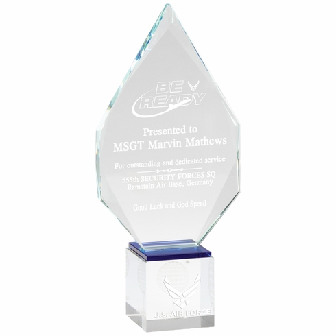 10-1/2 x 4-3/4 INCH OPTICAL CRYSTAL ARROW HEAD AWARD WITH A BLUE BOTTOM ON SQUARE CRYSTAL BASE