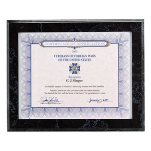 10-1/2 X 13 BLACK SIMULATED MARBLE PLAQUE HOLDS 8-1/2 X 11 INCH CERTIFICATE