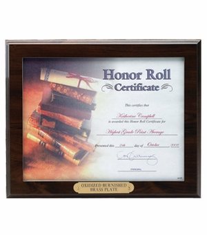 10-1/2X13 PLAQUE, RUBY WOOD FINISH, HOLDS 8-1/2X11 CERTIFICATE