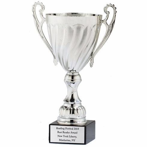 10-1/4 INCH HEIGHT SWIRL SILVER METAL TROPHY CUP ON A BLACK MARBLE BASE