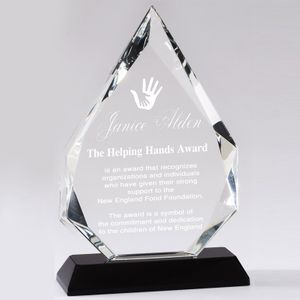 10-1/4 X 6-1/2 INCH ARROWHEAD OPTICAL CRYSTAL AWARD WITH BLACK BASE.