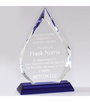 10-1/4 X 6-1/2 INCH ARROWHEAD OPTICAL CRYSTAL AWARD WITH BLUE BASE.