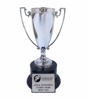 10-3/4 INCH HEIGHT DIE CAST SILVER METAL CUP TROPHY ON BLACK BASE