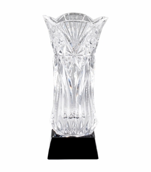10-3/4 INCH HEIGHT HAND CUT CRYSTAL VASE MOUNTED ON BLACK CRYSTAL BASE 
