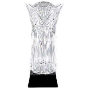10-3/4 INCH HEIGHT HAND CUT CRYSTAL VASE MOUNTED ON BLACK CRYSTAL BASE 