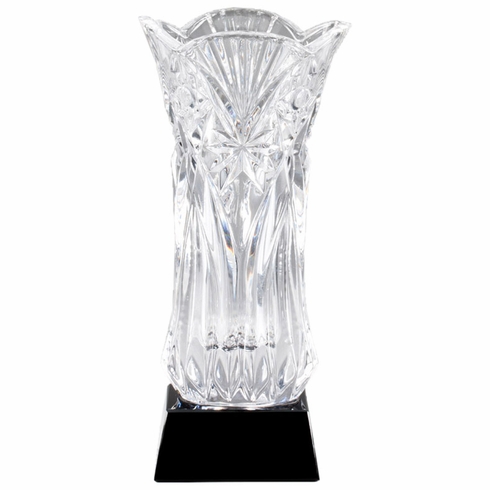 10-3/4 INCH HEIGHT HAND CUT CRYSTAL VASE MOUNTED ON BLACK CRYSTAL BASE 