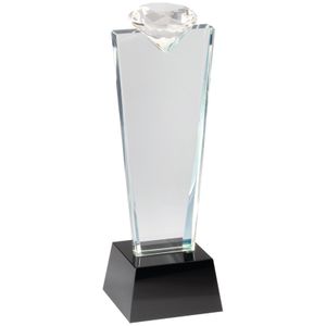 10-3/4 INCH OPTICAL CRYSTAL DIAMOND TOWER AWARD ON BLACK CRYSTAL BASE