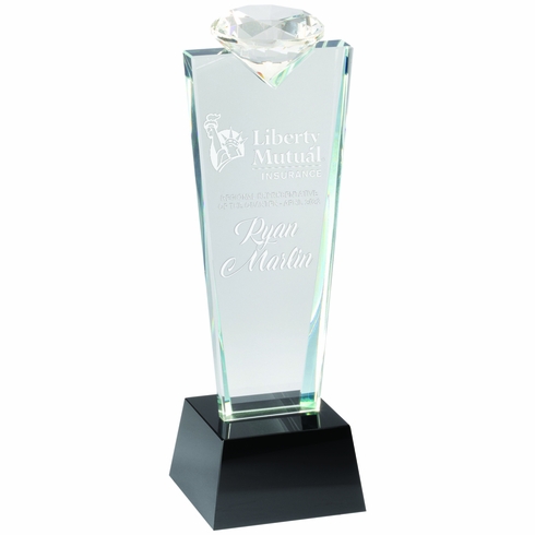 10-3/4 INCH OPTICAL CRYSTAL DIAMOND TOWER AWARD ON BLACK CRYSTAL BASE
