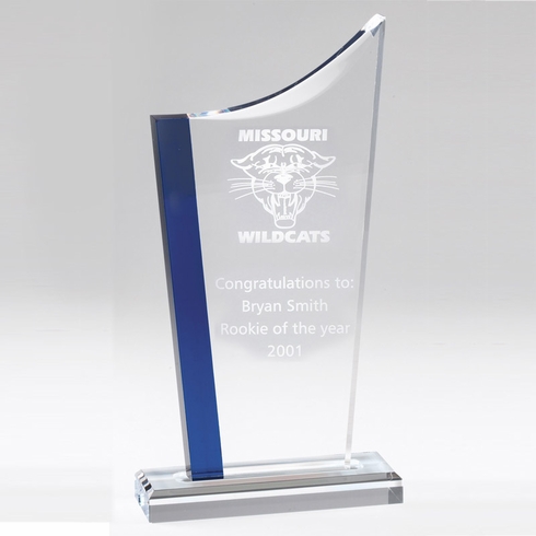 10-3/4" x 1" CLEAR ACRYLIC AWARD SWOOP TOP WITH BLUE SIDES