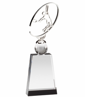 10 3/4" x 3 1/2" METAL TENNIS SCULPTURE ON CRYSTAL BASE WITH BALL