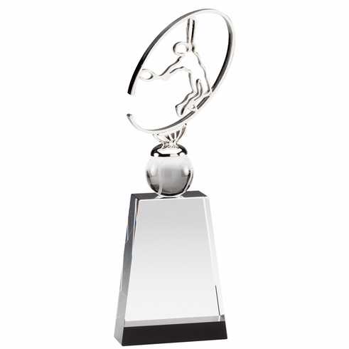 10 3/4" x 3 1/2" METAL TENNIS SCULPTURE ON CRYSTAL BASE WITH BALL
