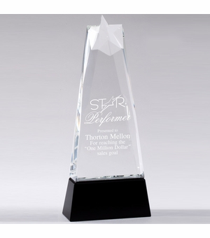 10-3/4 X 4-1/2 INCH OPTICAL CRYSTAL STAR TOWER AWARD BLACK CRYSTAL REFLECTIVE BASE