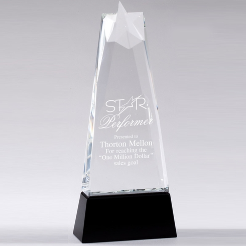 10-3/4 X 4-1/2 INCH OPTICAL CRYSTAL STAR TOWER AWARD BLACK CRYSTAL REFLECTIVE BASE
