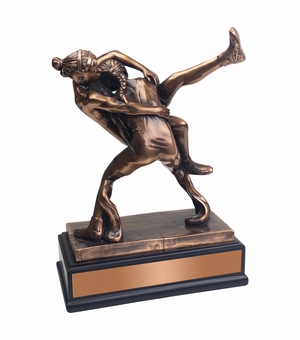 10 INCH ANTIQUE BRONZE DOUBLE FEMALE WRESTLERS TROPHY ON BLACK WOOD BASE