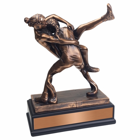 10 INCH ANTIQUE BRONZE DOUBLE FEMALE WRESTLERS TROPHY ON BLACK WOOD BASE