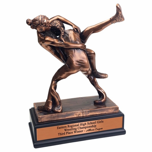10 INCH ANTIQUE BRONZE DOUBLE FEMALE WRESTLERS TROPHY ON BLACK WOOD BASE