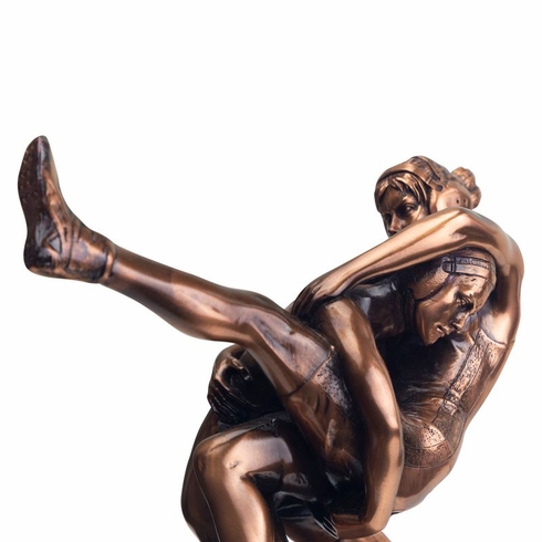 10 INCH ANTIQUE BRONZE DOUBLE FEMALE WRESTLERS TROPHY ON BLACK WOOD BASE