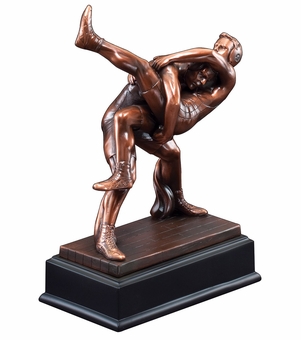 10 INCH ANTIQUE BRONZE ELECTROPLATED WRESTLER TROPHY ON BLACK WOOD BASE