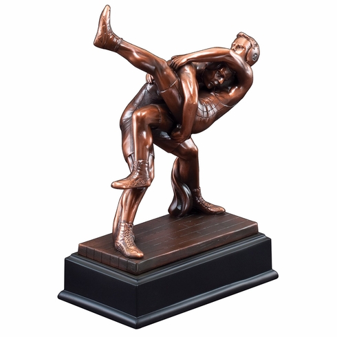 10 INCH ANTIQUE BRONZE ELECTROPLATED WRESTLER TROPHY ON BLACK WOOD BASE