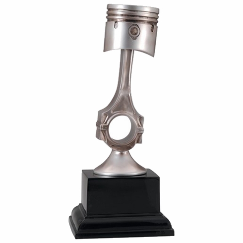 10 INCH ANTIQUE SILVER RESIN AUTO PISTON TROPHY ON BLACK BASE