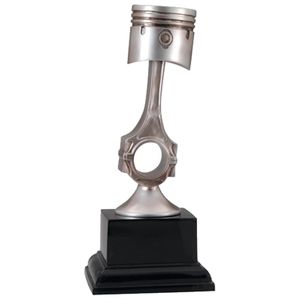 10 INCH ANTIQUE SILVER RESIN AUTO PISTON TROPHY ON BLACK BASE