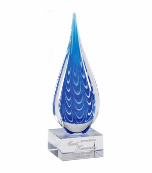 10 INCH ART BLUE ACCENTS GLASS SCULPTURE AWARD HAND BLOWN TEAR SHAPE GLASS