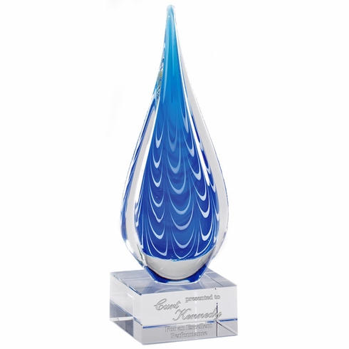 10 INCH ART BLUE ACCENTS GLASS SCULPTURE AWARD HAND BLOWN TEAR SHAPE GLASS