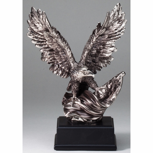 10 INCH ELECTROPLATED ANTIQUE SILVER AMERICAN EAGLE FLAG TROPHY ON BLACK BASE