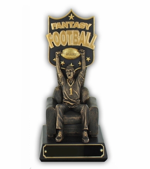 10 INCH FANTASY FOOTBALL GOLD & BRONZE FINSHED MAN ON ARM CHAIR TROPHY