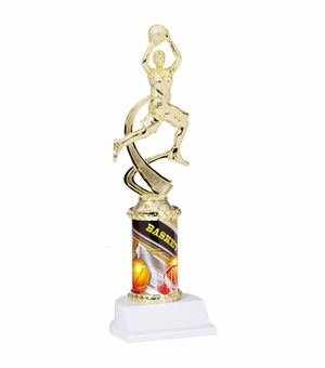 10 INCH FEMALE BASKETBALL SPORT MOTION TROPHY ON A WHITE SYNTHETIC BASE