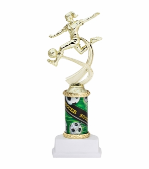 10 INCH FEMALE SOCCER SPORT MOTION TROPHY ON A WHITE SYNTHETIC BASE