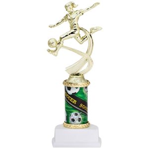 10 INCH FEMALE SOCCER SPORT MOTION TROPHY ON A WHITE SYNTHETIC BASE