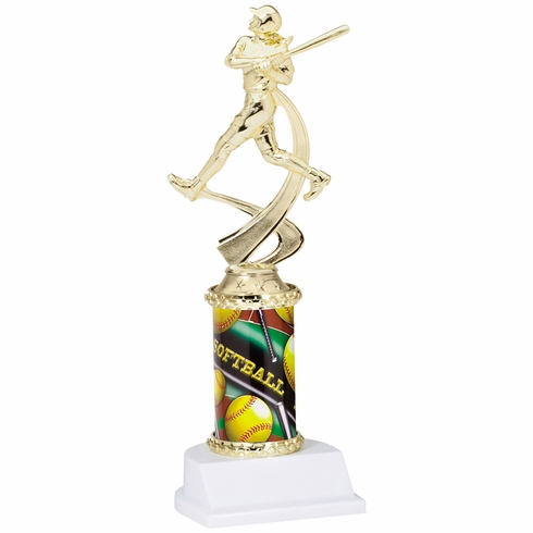 10 INCH FEMALE SOFTBALL SPORT MOTION TROPHY ON A WHITE SYNTHETIC BASE