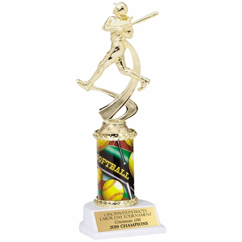10 INCH FEMALE SOFTBALL SPORT MOTION TROPHY ON A WHITE SYNTHETIC BASE