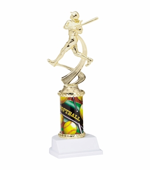 10 INCH FEMALE SOFTBALL SPORT MOTION TROPHY ON A WHITE SYNTHETIC BASE