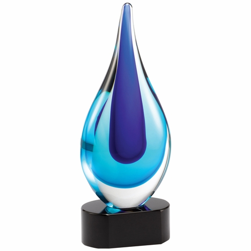 10 INCH HAND BLOWN BLUE GLASS TEAR DROP AWARD ON A BLACK CRYSTAL BASE