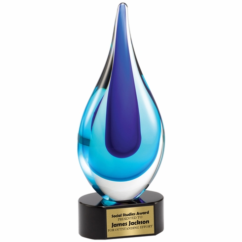 10 INCH HAND BLOWN BLUE GLASS TEAR DROP AWARD ON A BLACK CRYSTAL BASE