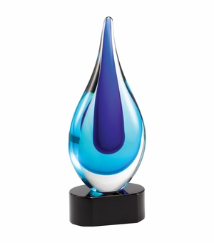 10 INCH HAND BLOWN BLUE GLASS TEAR DROP AWARD ON A BLACK CRYSTAL BASE