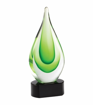 10 INCH HAND BLOWN GREEN GLASS TEAR DROP AWARD ON A BLACK CRYSTAL BASE