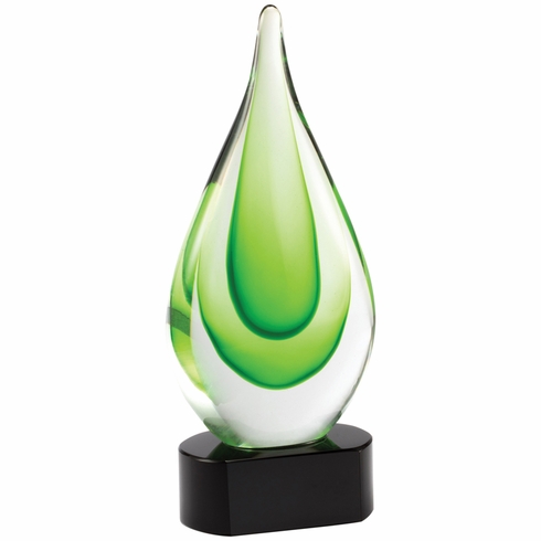 10 INCH HAND BLOWN GREEN GLASS TEAR DROP AWARD ON A BLACK CRYSTAL BASE