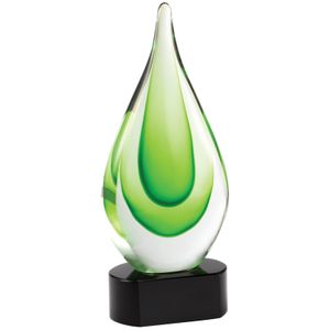 10 INCH HAND BLOWN GREEN GLASS TEAR DROP AWARD ON A BLACK CRYSTAL BASE