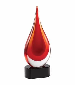 10 INCH HAND BLOWN RED GLASS TEAR DROP AWARD ON A BLACK CRYSTAL BASE