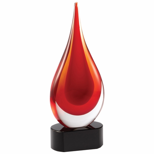 10 INCH HAND BLOWN RED GLASS TEAR DROP AWARD ON A BLACK CRYSTAL BASE