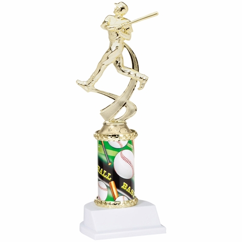 10 INCH MALE BASEBALL SPORT MOTION TROPHY ON A WHITE SYNTHETIC BASE