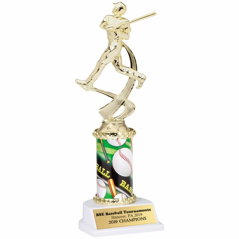 10 INCH MALE BASEBALL SPORT MOTION TROPHY ON A WHITE SYNTHETIC BASE