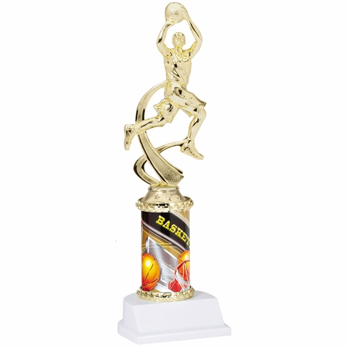 10 INCH MALE BASKETBALL SPORT MOTION TROPHY ON A WHITE SYNTHETIC BASE
